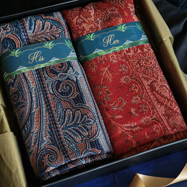 His & Her Navy Blue Jamawar and Red Kani Shawl Gift Set – Premium Box Packaging