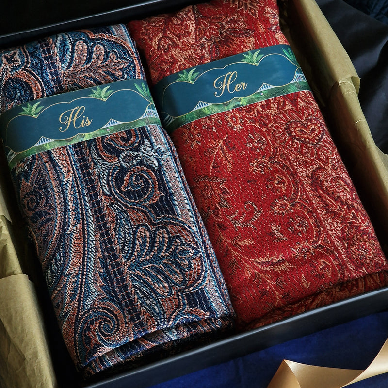 His & Her Navy Blue Jamawar and Red Kani Shawl Gift Set – Premium Box Packaging
