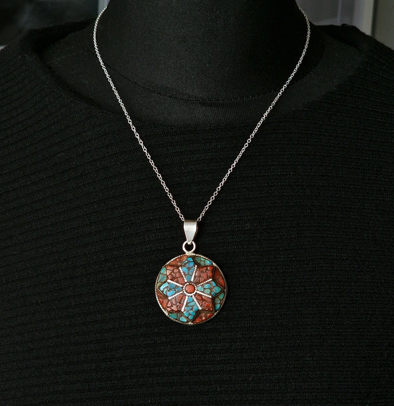 Coral Turquoise Inlay 925 Silver Sterling Pendant - Baga Ethnik Living Default Title Pendants