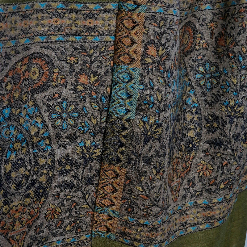 Authentic Soft Kashmir Border Kani Weave Pashminas - Pinewood Green