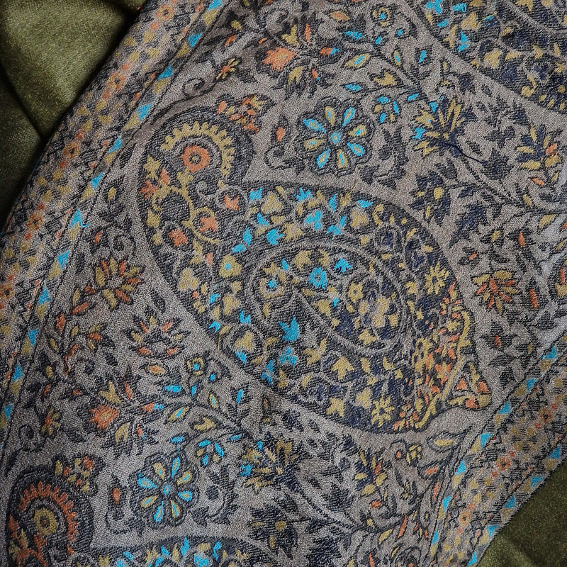 Authentic Soft Kashmir Border Kani Weave Pashminas - Pinewood Green