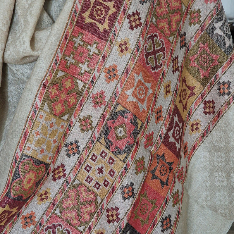 Luxury Beige Pashmina Stole with Kullu Woven Palla – Timeless Style
