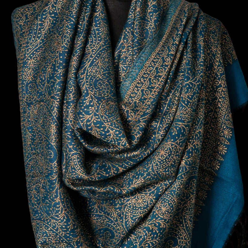 Blue-Teal Pure Wool Stole – Silver Zari Woven Style