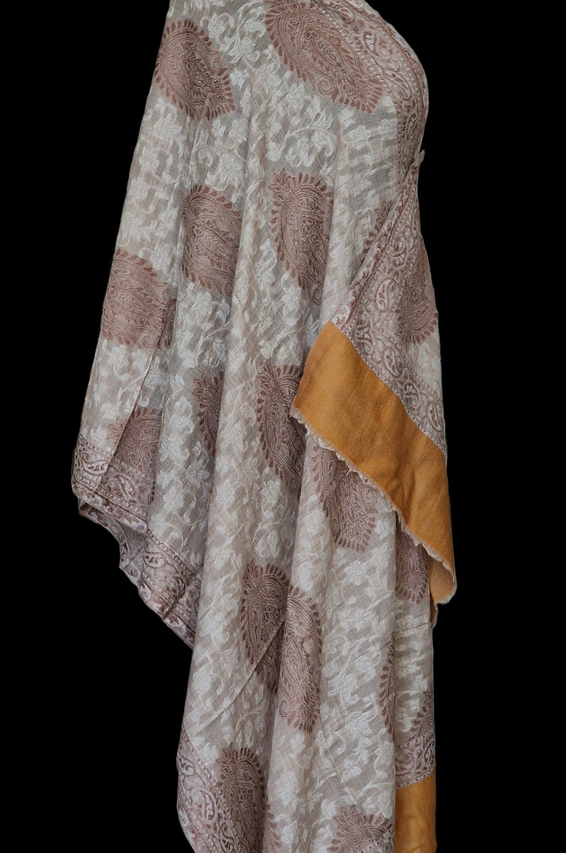 Floral Buti Pure Pashmina Kani Stole – Pale Beige