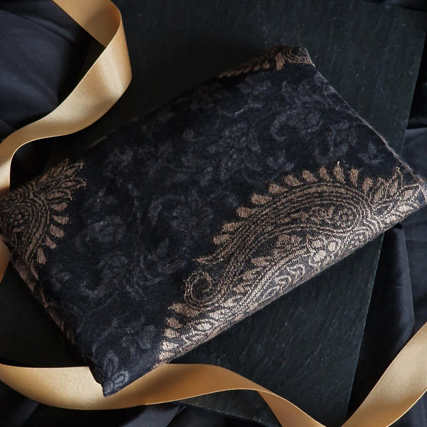 Black Kani Woven Stole – Luxury Fine Wool, Timeless Paisley Elegance