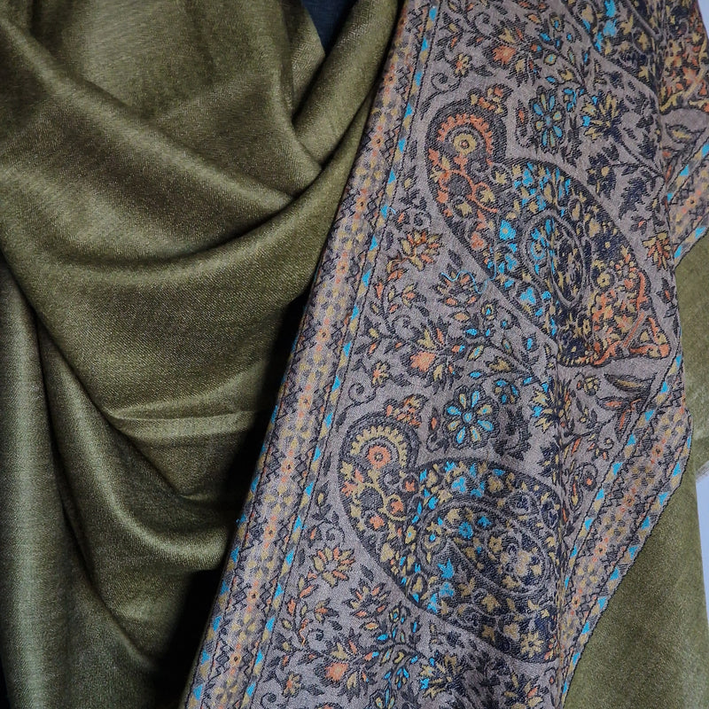 Authentic Soft Kashmir Border Kani Weave Pashminas - Pinewood Green
