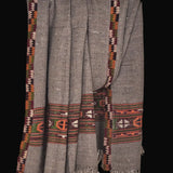 Warm Grey Yak Wool Shawl – Vibrant Kullu Border & Tassel Fringe