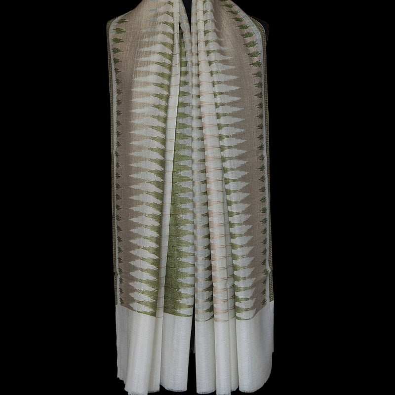 Handwoven Fine Wool Green Ikat Pashmina Kashiri Stole Scarf - Soft Fern - Baga Ethnik Living Default Title Accessories:Scarves & Wraps