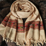 Gaia Beige Tibetan Angora Stole – Kullu Border Tassel Wrap
