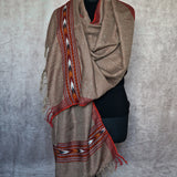 Mink Brown Yak Wool Stole – Colourful Kullu Border & Tassel Fringe
