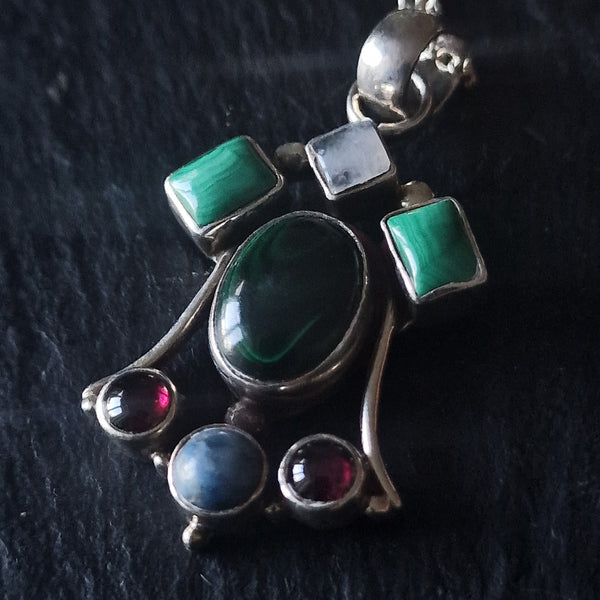 Malachite, Garnet,Green Aventurine, Moonstone Silver Sterling  Pendant