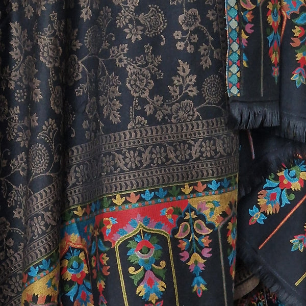 Kashida Vintage Kani Weaved Palla Shawl – Warm, Soft, and Timeless in Black