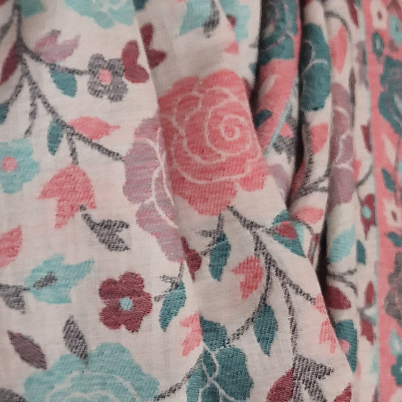 Pink and Teal Rose Motif Kani-Style White Stole – Silk Modal Blend