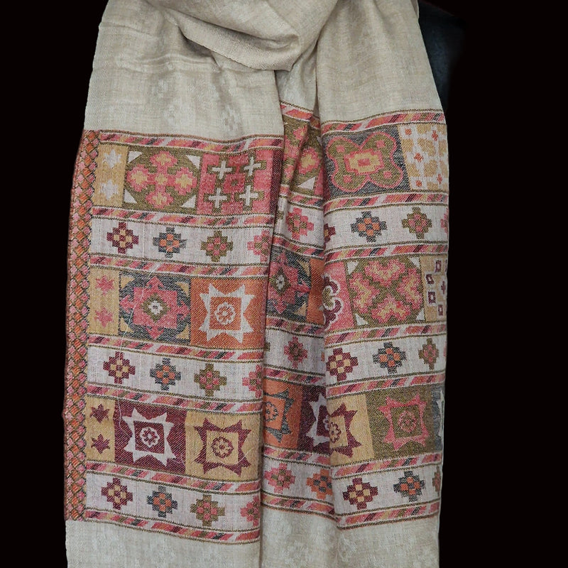 Luxury Beige Pashmina Stole with Kullu Woven Palla – Timeless Style