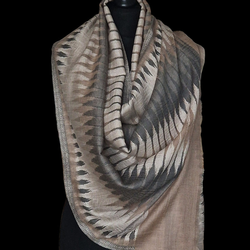 Authentic Ikat Fine Wool Grey and Brown Pashmina Stole – Ashy Oakwood - Baga Ethnik Living Default Title Accessories:Scarves & Wraps
