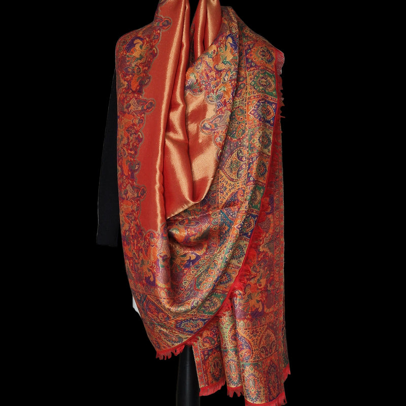 Moonlight Pashmina – Orange-Red Two-Tone Darbar Kani Shawl