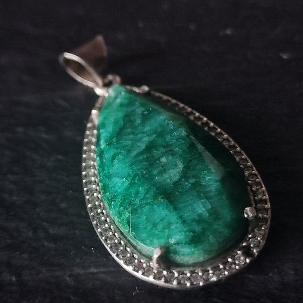 Raw Natural Emerald Gemstone Silver Sterling Pendant