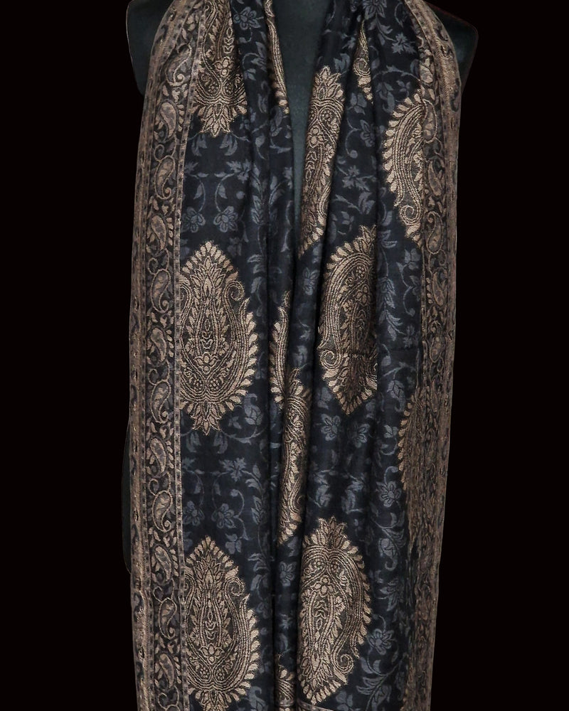 Black Kani Woven Stole – Luxury Fine Wool, Timeless Paisley Elegance