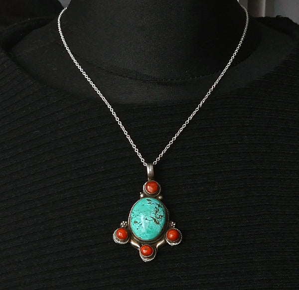 Handmade Vintage Turquoise and Coral Silver Sterling 925 Pendant - Baga Ethnik Living Default Title Pendants
