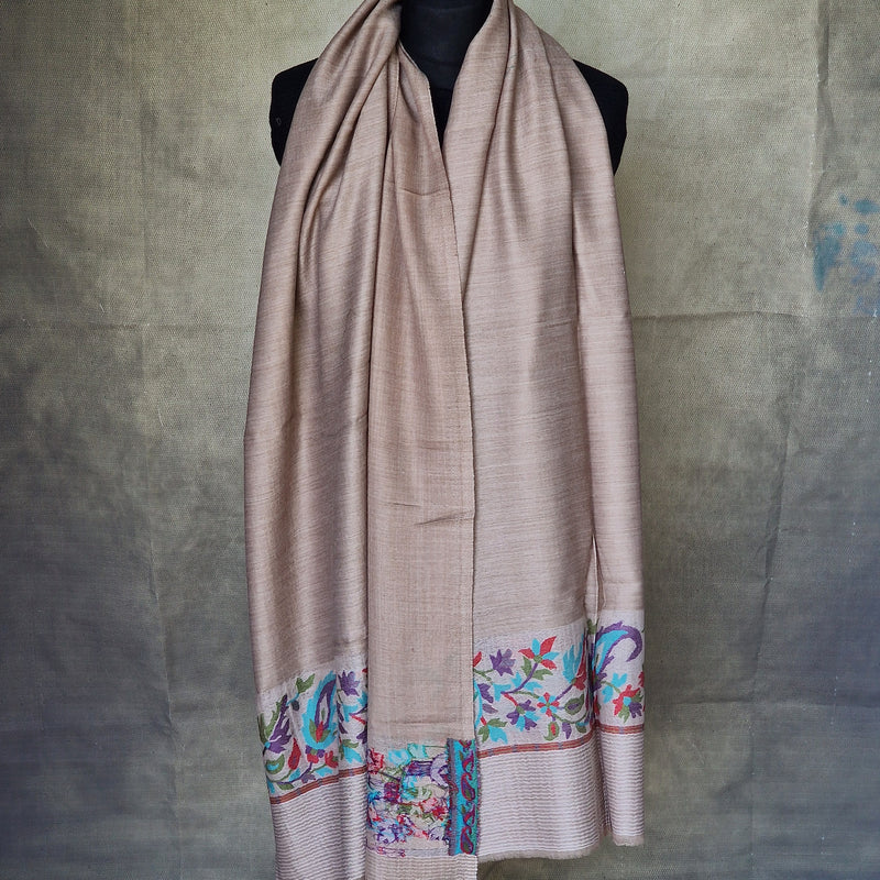 Border Kani Pashmina Wool Scarf Shawl Wrap – Light Beige