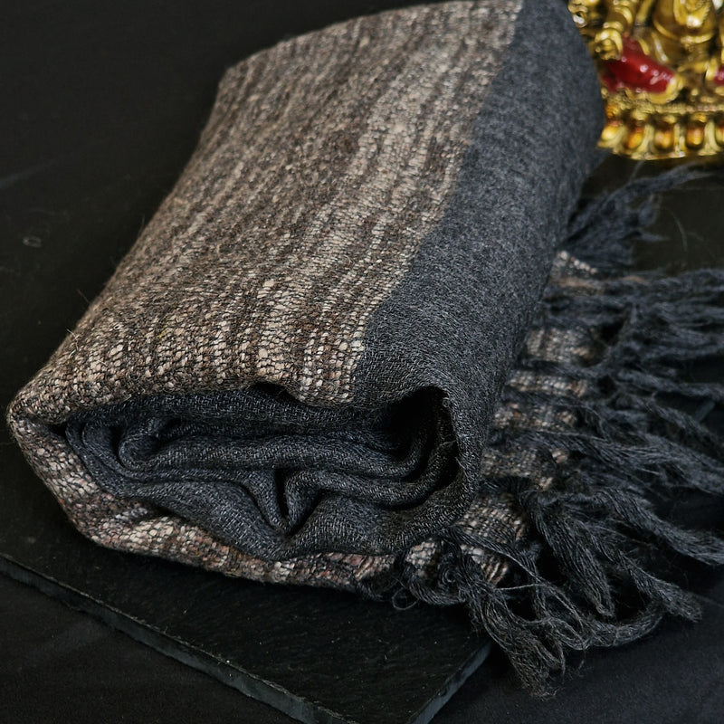 Onyx Grey Yak Wool Shawl – Deep Hue, Brown Raw Weave, Handcrafted Legacy - Baga Ethnik Living Default Title Accessories:Scarves & Wraps