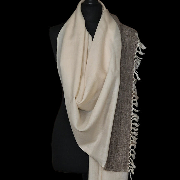Ivory White Yak Wool Shawl – Handspun Fine Wool, Raw Brown Border, Artisan Crafted - Baga Ethnik Living Default Title Accessories:Scarves & Wraps
