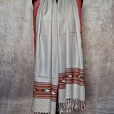 Ivory White Yak Wool Stole – Colourful Kullu Trim & Tassel Ends