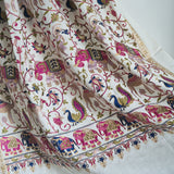 Shikaar Tilla Embroidery Fine Wool White Pashmina Shawl – Elephant & Peacock Design