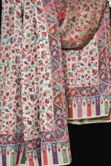 Reversible Kani-Style Pashmina Wool Shawl – White & Beige