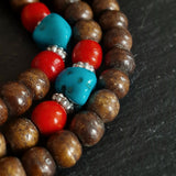 Tibetan 108 Mala Beads Necklace – Dark Yak Bone, Turquoise & Coral