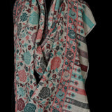 Pink and Teal Rose Motif Kani-Style White Stole – Silk Modal Blend