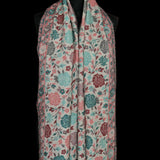 Pink and Teal Rose Motif Kani-Style White Stole – Silk Modal Blend