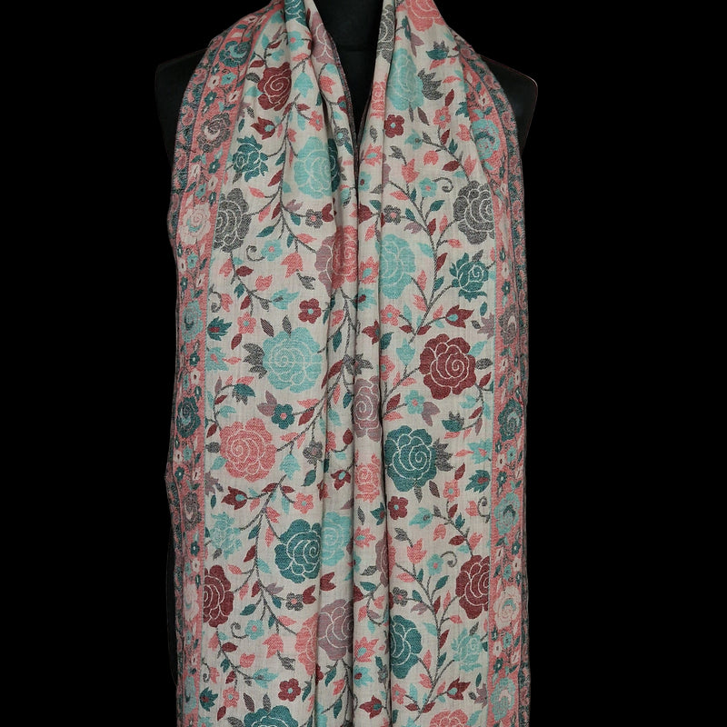 Pink and Teal Rose Motif Kani-Style White Stole – Silk Modal Blend