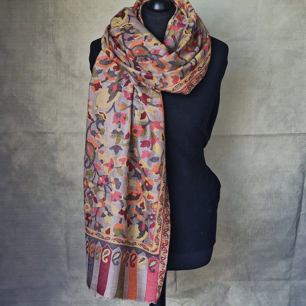 Authentic Luxury Soft Kashmir Border Kani Weave Pashmina - Seraphina Grey