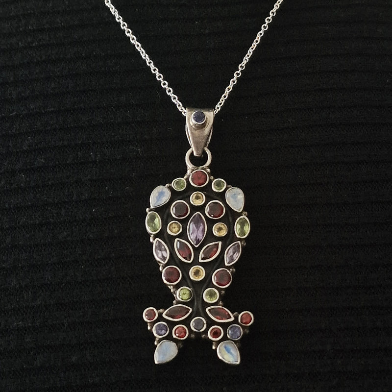 Multi-Gemstone Healing Himalayan Vintage Silver 925 Pendant