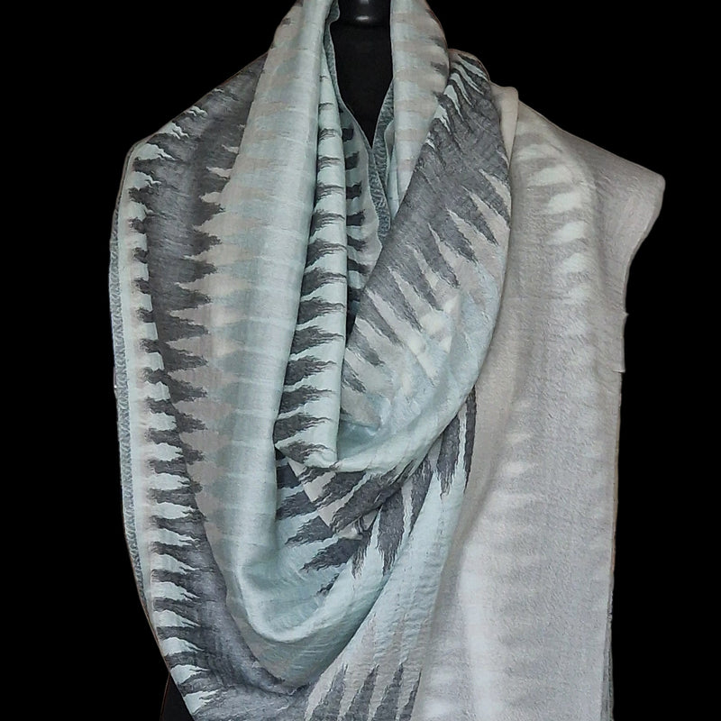 Luxury Ikat Handwoven Fine Wool Pashmina Light Blue Stole - Smoky Teal - Baga Ethnik Living Default Title Accessories:Scarves & Wraps