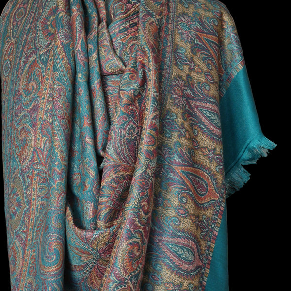 Royal Jamawar Men’s Shawl – Turquoise Blue, Kani Style