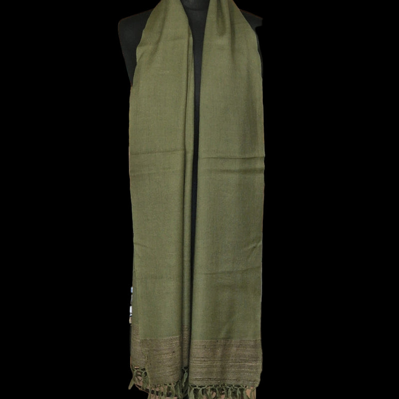 Sage Green Yak Wool Shawl – Handspun Fine Wool, Brown Raw Borders, Artisan Crafted - Baga Ethnik Living Default Title Accessories:Scarves & Wraps