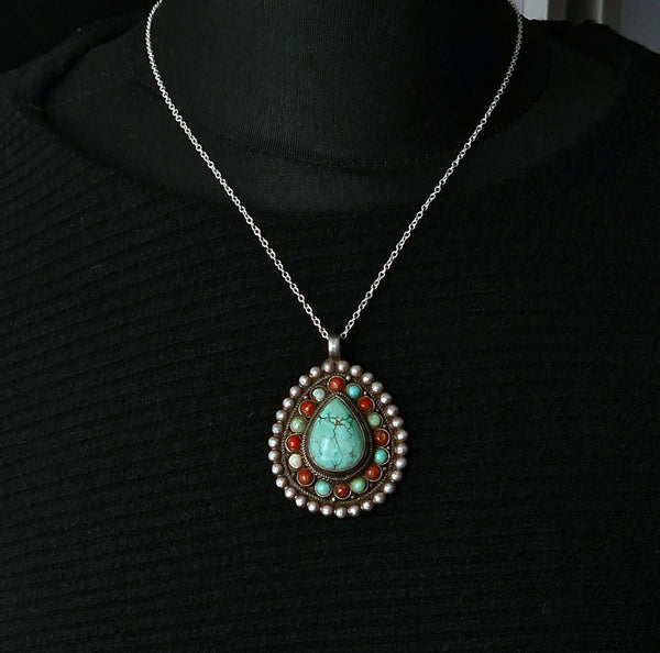 Handmade Vintage Turquoise and Coral Sterling Silver Pendant - Baga Ethnik Living Default Title Pendants