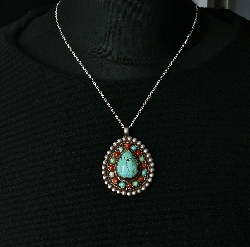 Handmade Vintage Turquoise and Coral Sterling Silver Pendant - Baga Ethnik Living Default Title Pendants