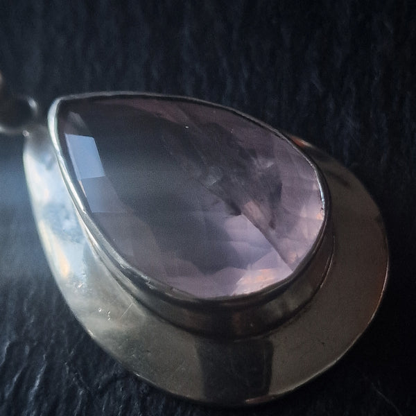 Tear Drop Faceted Rose Quartz Silver Sterling 925 Pendant