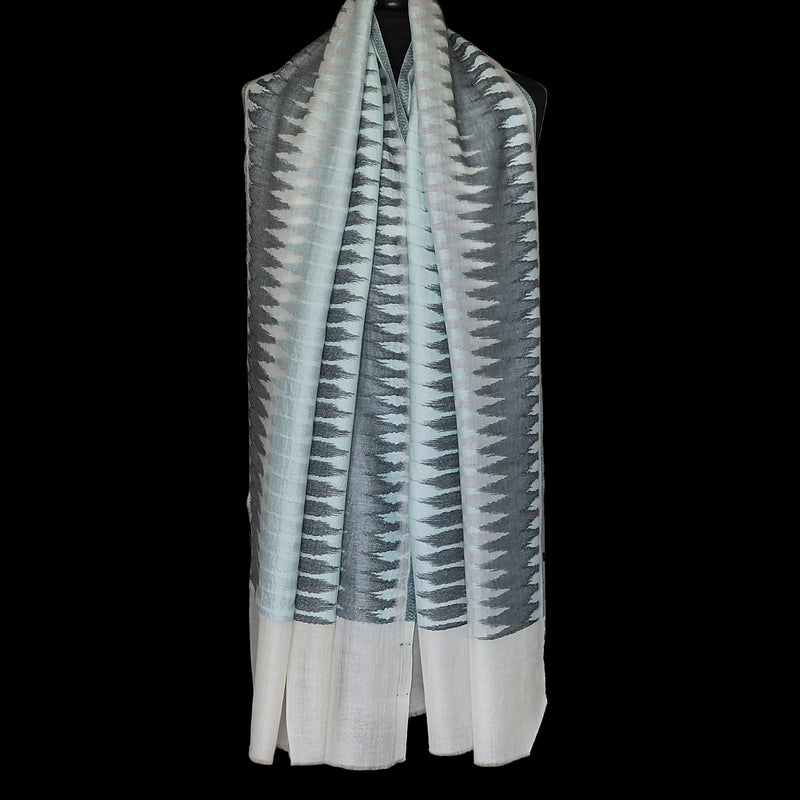Luxury Ikat Handwoven Fine Wool Pashmina Light Blue Stole - Smoky Teal - Baga Ethnik Living Default Title Accessories:Scarves & Wraps