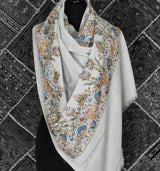 White Pashmina Fine Wool Border Nalki Floral Pastel Hand-Embroidered Stole