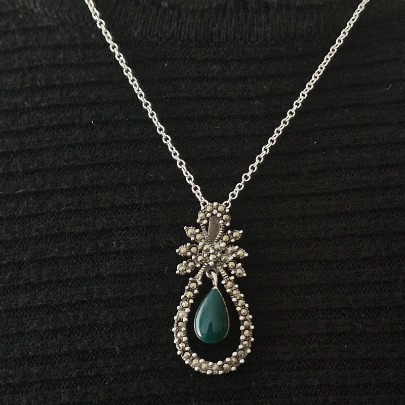 Handmade Detailed Green Jasper Marcasite Silver Sterling 925 Pendant