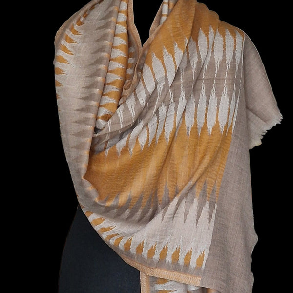 Elegant Ikat Fine Wool Pashmina Handwoven Stole - Marigold Orange - Baga Ethnik Living Default Title Accessories:Scarves & Wraps