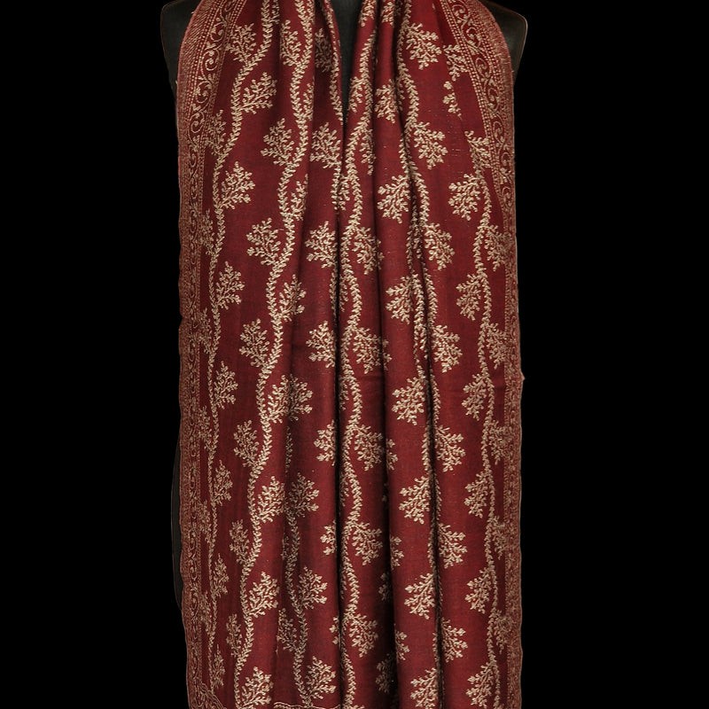 Pure Wool Silver Zari Floral Embroidery Stole - Wine Red