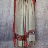 Light Beige Yak Wool Stole – Kullu Border & Tassel Fringe