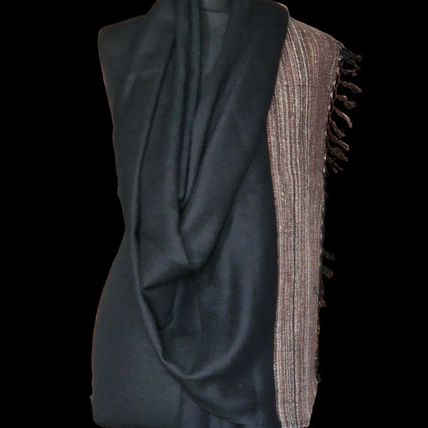Black Yak Wool Shawl – Fine Weave, Brown Raw Border, Timeless Craft - Baga Ethnik Living Default Title Accessories:Scarves & Wraps