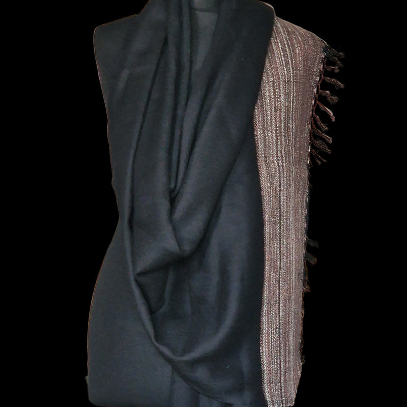 Black Yak Wool Shawl – Fine Weave, Brown Raw Border, Timeless Craft - Baga Ethnik Living Default Title Accessories:Scarves & Wraps