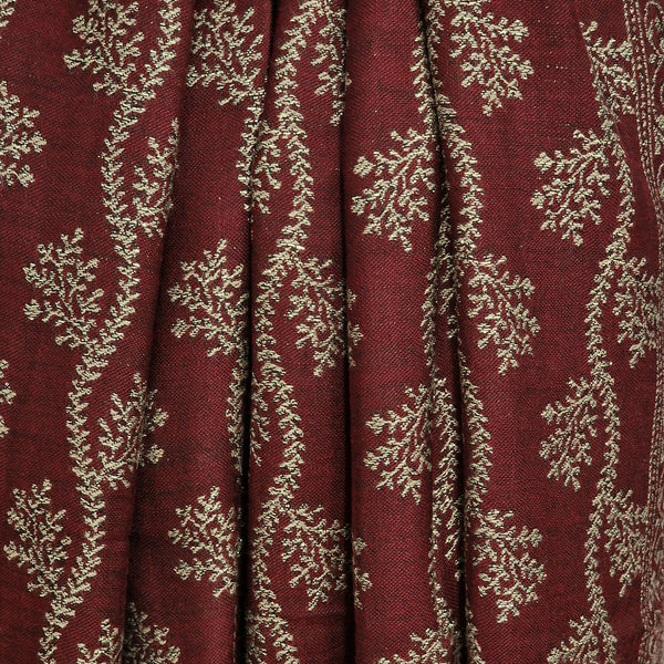 Pure Wool Silver Zari Floral Embroidery Stole - Wine Red